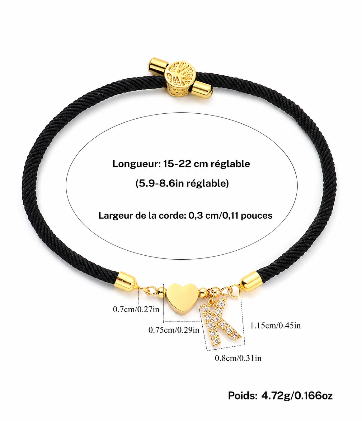 Bracelet Initial Orevias, Lettre avec Cœur sur Cordon Réglable